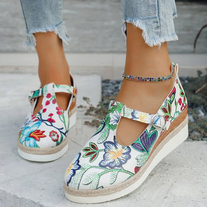 Floral Print Round Toe T-Strap Buckle Wedge Heel Sandals