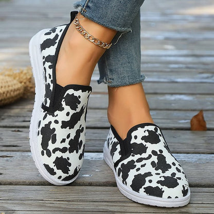 Cow Print Round Toe Slip On Lightweight Casual Loafers