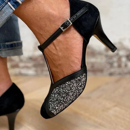 Round Toe T-Strap Buckle Glitter Black Stiletto Heels