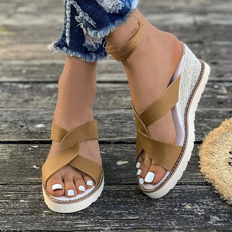 Casual Cross Strap Peep Toe Plain Espadrille Wedge Slippers