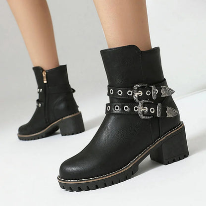 Two Straps Buckles Patchwork Round Toe Chunky Heel Ankle Boots