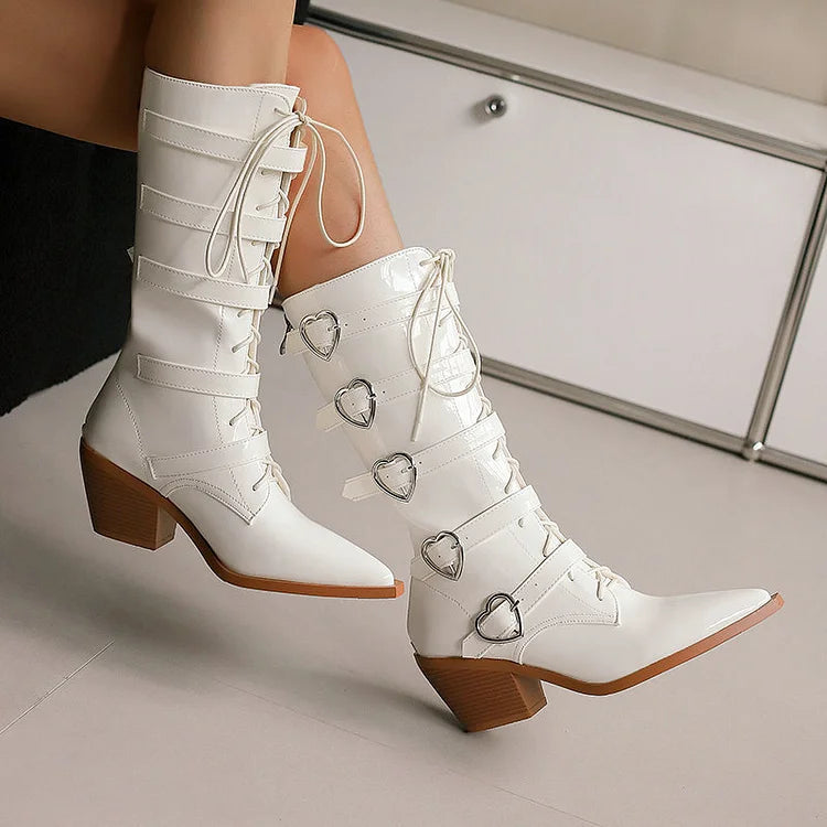 Pointed Toe Multicolor Straps Buckles Lace Up Mid Calf Boots