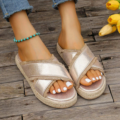 Metallic Sheen Tassels Trim Cross Belt Espadrille Platform Slippers