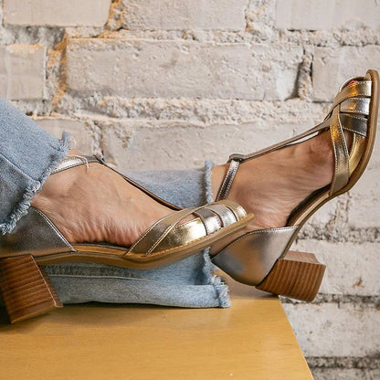 Metallic Criss Cross T-Strap Buckle Peep Toe Gold Chunky Heels