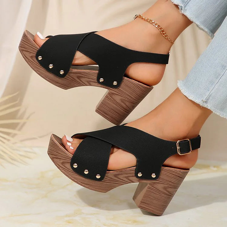 Studded Wood Grain Slingback Strap Buckle Platform Chunky Heels