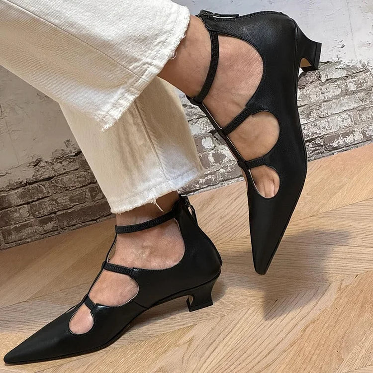 Crossover Strap Zipper Pointed Toe Black Low Heels [Pre Order]