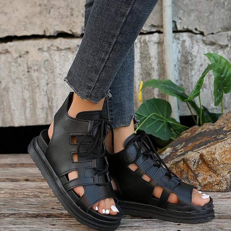 Casual Hollowed Lace Up Peep Toe Muffin Sandals