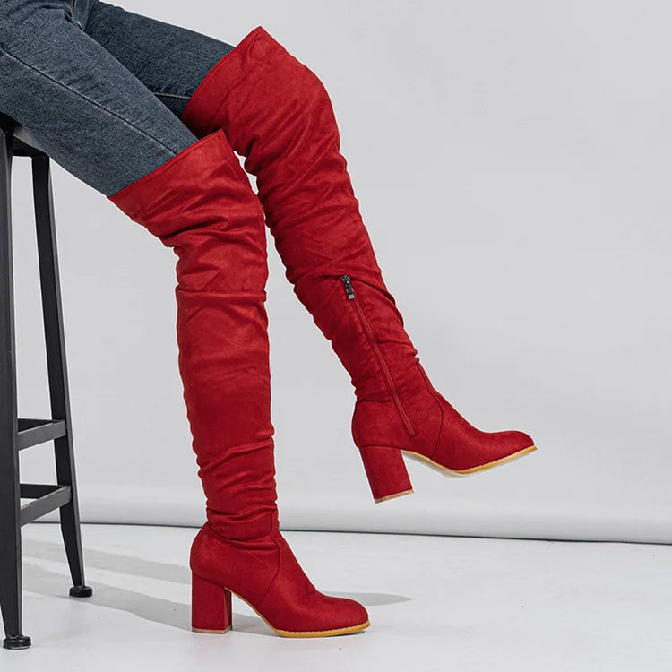 Patchwork Solid Plain Round Toe Chunky Heel Over The Knee Boots