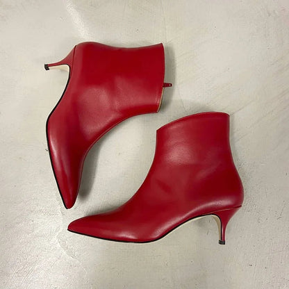 Zipper Solid Color Pointed Toe Kitten Heel Red Ankle Boots [Pre Order]