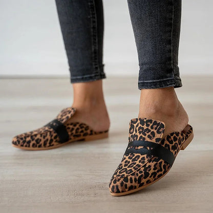 Leopard Print Patchwork Pointed Toe Brown Mules