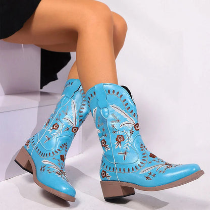 Boho Floral Embroidery V Cut Square Toe Chunky Heel Mid Boots