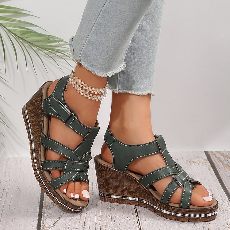 Rhinestone Woven Strap Platform Wedge Peep Toe Magic Stick Closure Sandals