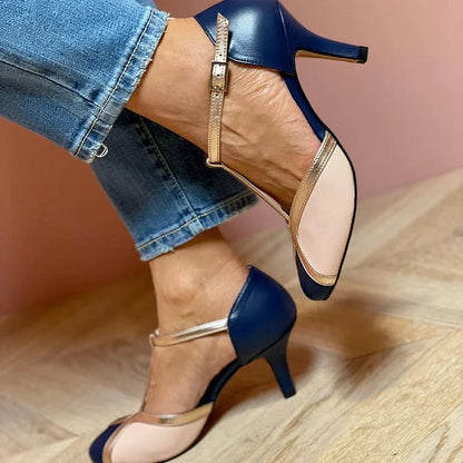 Color Block Closed Round Toe T-Strap Stiletto Heels