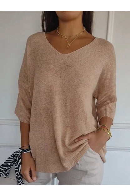 Solid Color Knitted V-Neck Top