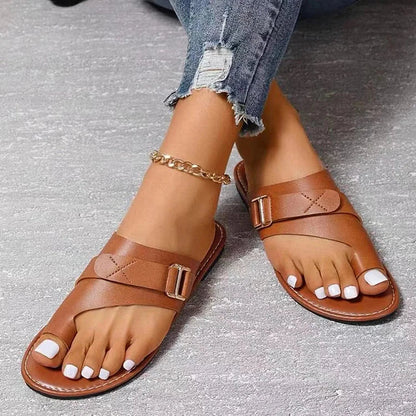 Belt Buckle Patchwork Seam Toe Ring Plain Slippers