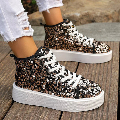 Sequins Decor Round Toe Lace Up Casual High Top Sneakers