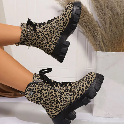 Pocket Decor Leopard Print Round Toe Chunky Heel Lace Up Mid Boots