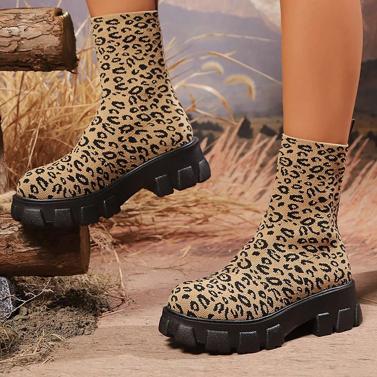 Leopard Pattern Chunky Heel Round Toe Pull On Mid Boots