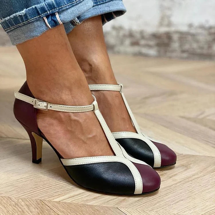 Contrast Color Block T-Strap Round Toe Stiletto Heels