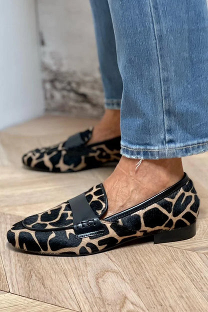 Cow Print Colorblock Round Toe Slip On Loafers