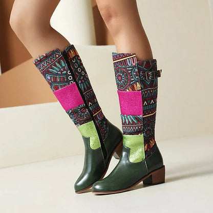 Colorblock Patchwork Tribal Pattern Round Toe Mid Calf Boots