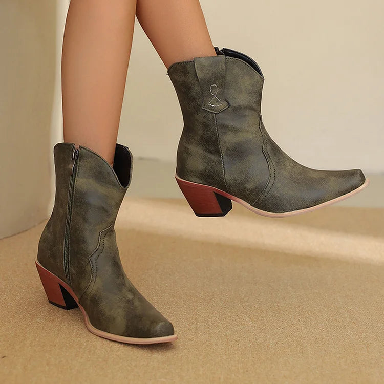 Patchwork Pointed Toe Chunky Heel Zipper Western Boots