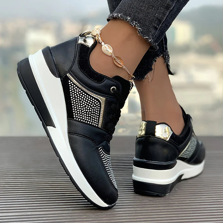 Rhinestone Embellished Patchwork Lace Up Wedge Sneakers