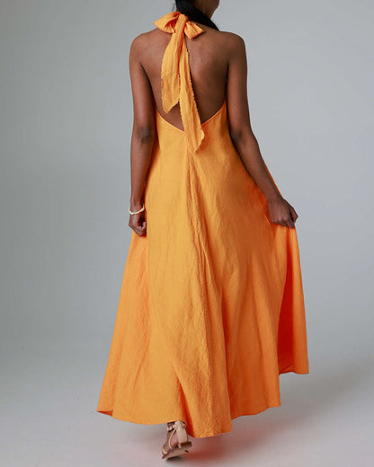 Bright cotton and linen backless strappy dress