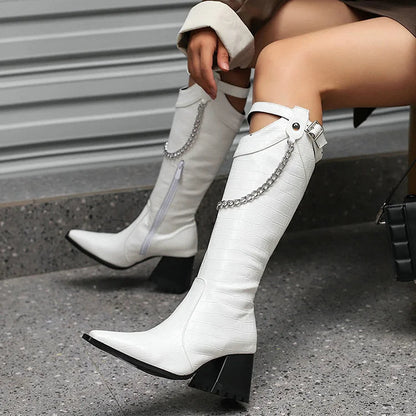 Chain Strap Buckle Decor Crocodile Print Pointed Toe Knee High Boots