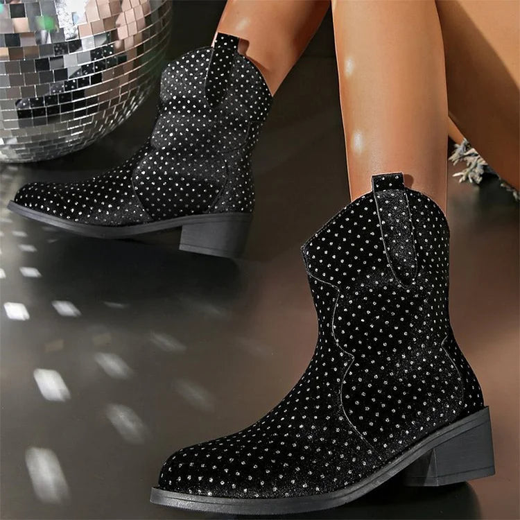 Rhinestone Decor Round Toe Patchwork Chunky Heel Mid Boots