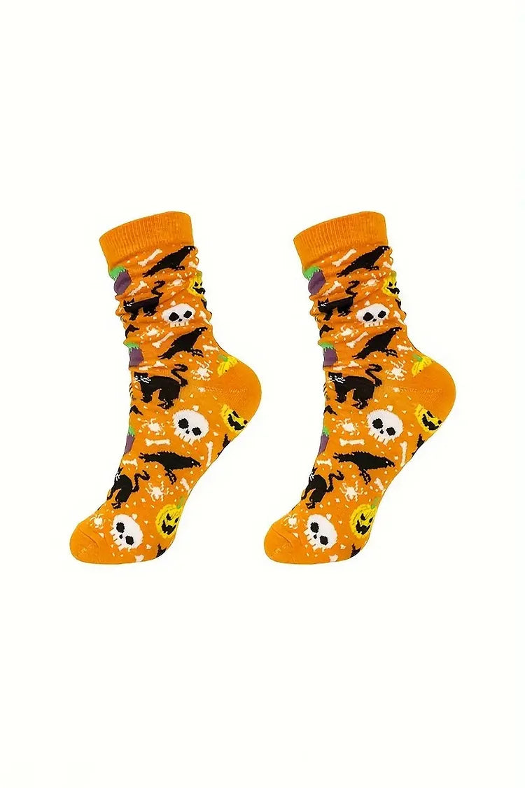 Halloween Colorblock Skeleton Hand Print Mid Calf Socks