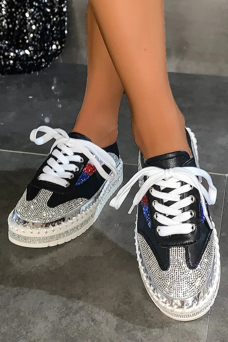 Multicolor Rhinestone Round Toe Stitch Detail Lace Up Sneakers