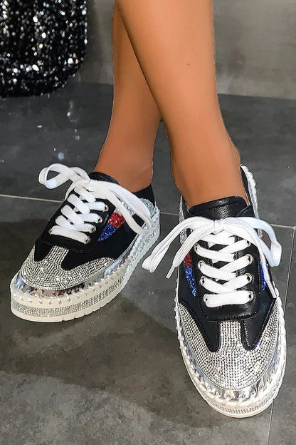 Multicolor Rhinestone Round Toe Stitch Detail Lace Up Sneakers