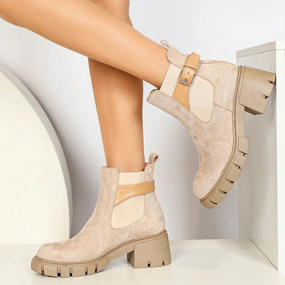 Patchwork Strap Buckle Round Toe Chunky Heel Ankle Boots