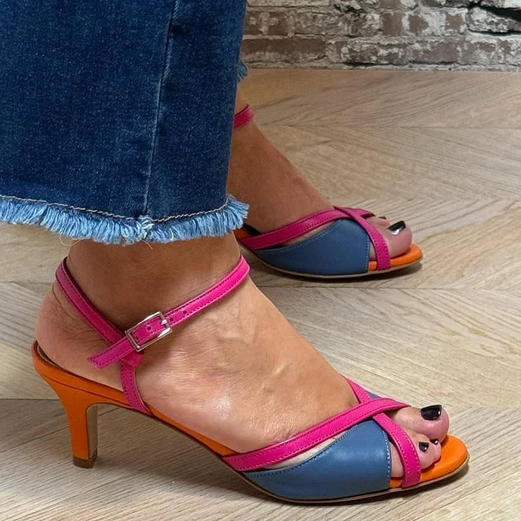 Color Matching Ankle Strap Peep Toe Blue Stiletto Heels