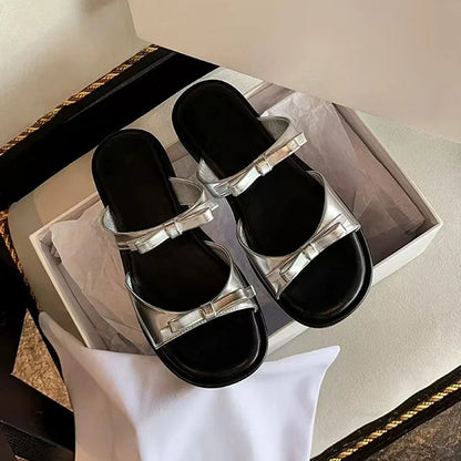 Metallic Sheen Bow Decor Round Toe Casual Slippers