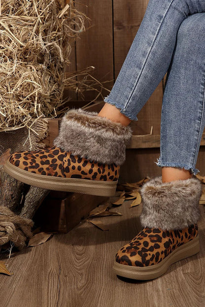 Leopard Print Faux Fur Trim Round Toe Casual Snow Boots