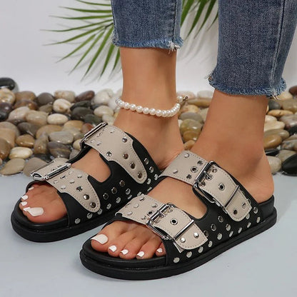 Studded Buckle Instep Belt Color Block Patchwork Slippers