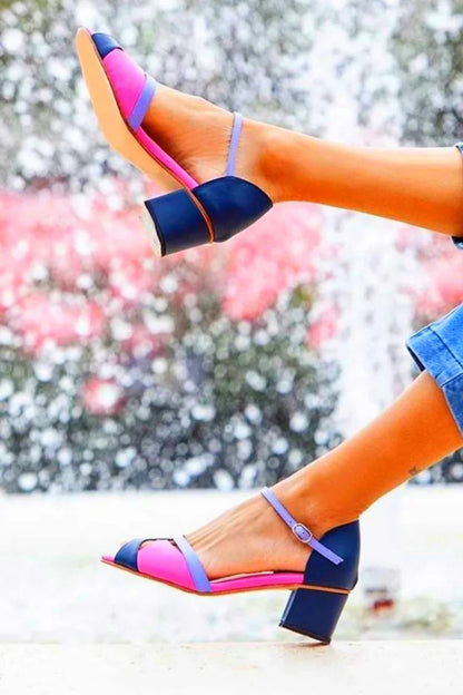 Colorblock Peep Toe Cutout Fuchsia Chunky Heels [Pre Order]