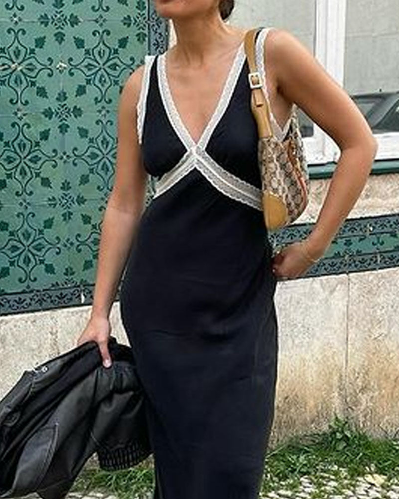 Elegant V-neck Lace Stitching Dress