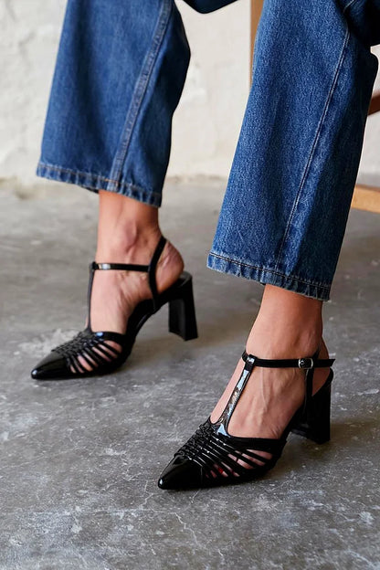 T-Strap Buckle Pointed Toe Hollow Out Black Chunky Heels [Pre Order]