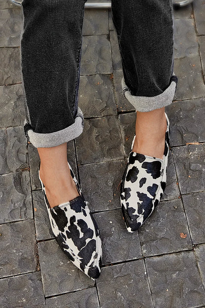 Genuine Leather Cow Pattern Print Pointed Toe Casual Comfortable Flat Loafers