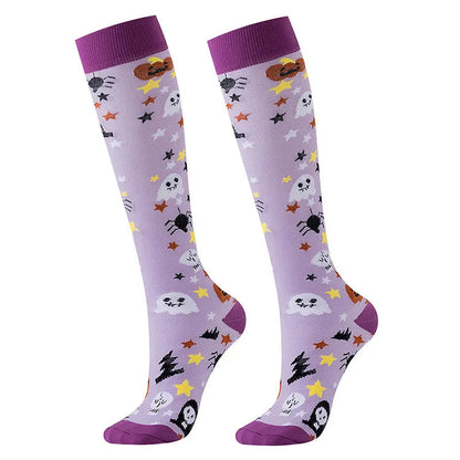 Halloween Pattern Skull Ghost Haunted House Star Print Over The Calf Socks