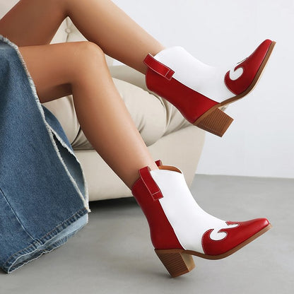 Colorblock Patchwork Pointed Toe Chunky Heel Ankle Boots