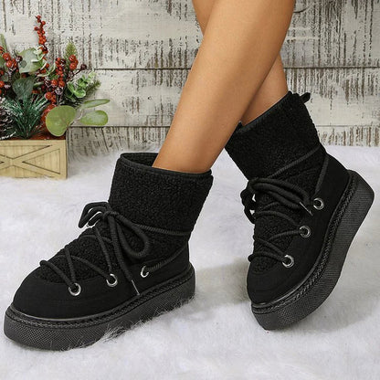 Patchwork Round Toe Lace Up Low Platform Snow Boots