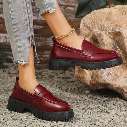 Patchwork Round Toe Low Block Heel Casual Slip On Loafers