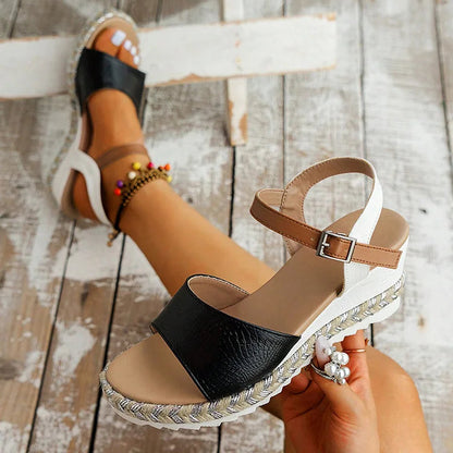 Colorblock Ankle Strap Crochet Straw Wedge Heel Sandals