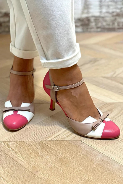 Colorblock Bow Patchwork Round Toe Fuchsia Stiletto Heels