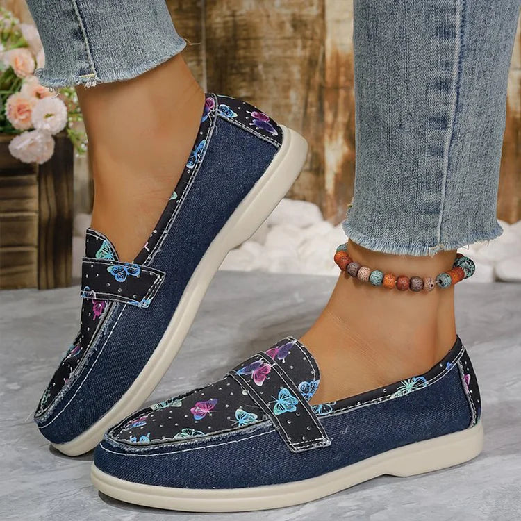 Butterfly Print Patchwork Round Toe Casual Loafers