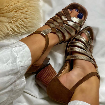 Asymmetric Woven Strap Hollow Out Sandals Chunky Heels [Pre Order]